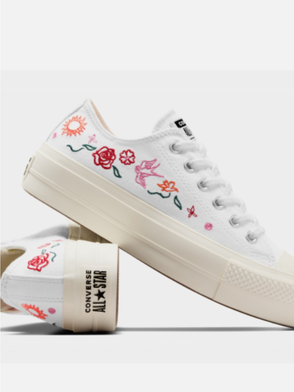 Converse White Canvas Low Top Sneakers with Pink & Orange Floral Embroidery